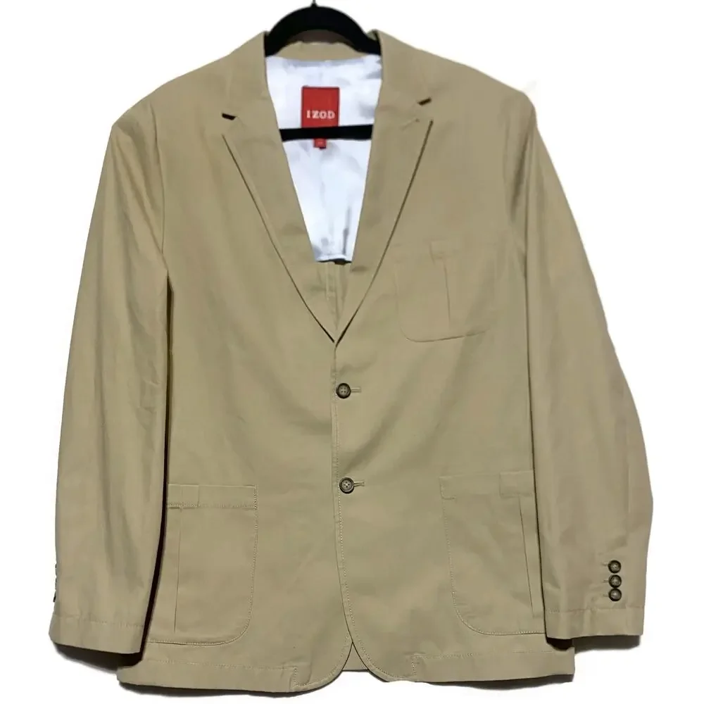 IZOD Men's Khaki Blazer Sport Coat Jacket Size Large Single Breasted Lt Brown